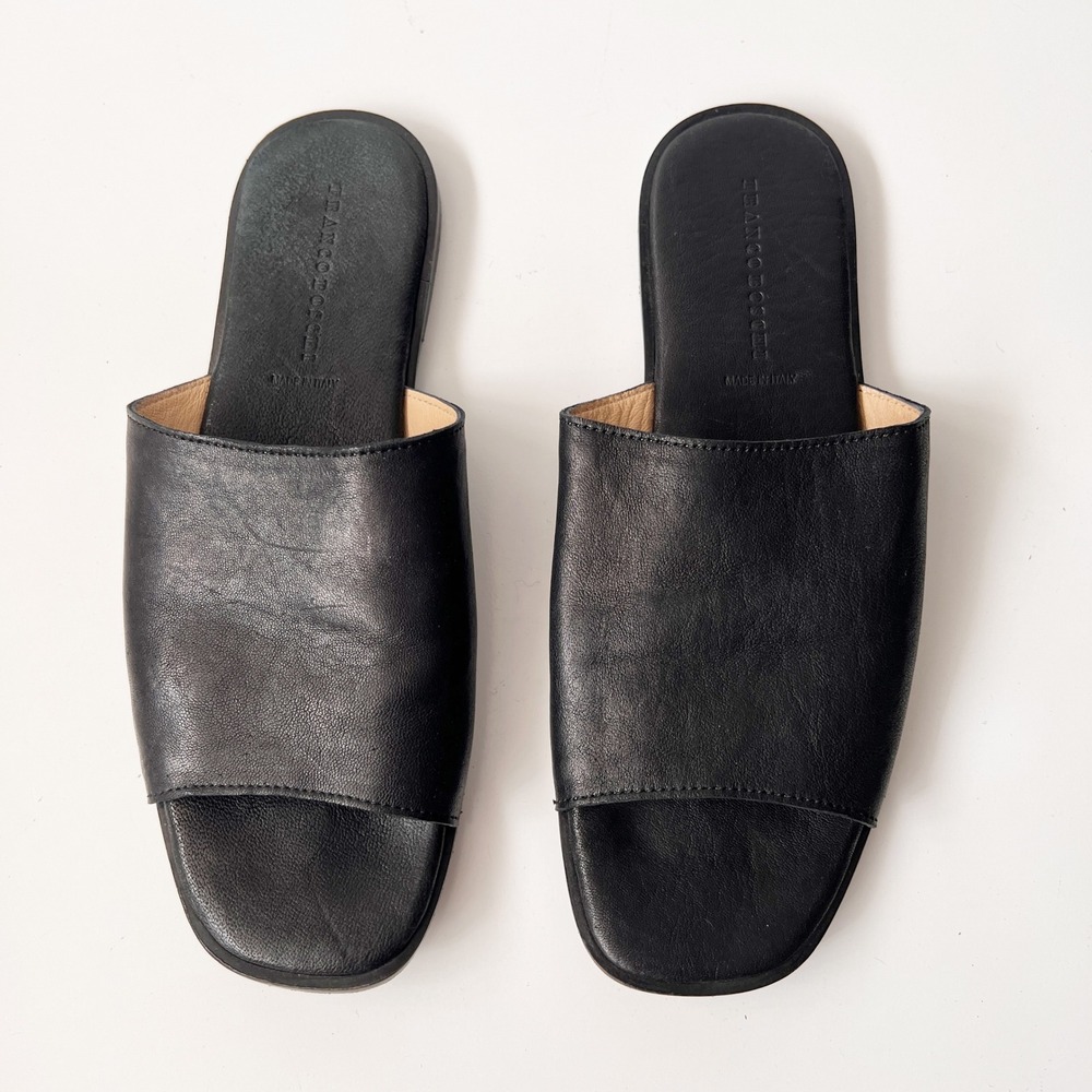 Franco Boschi Leather Slide Sandals Size 41 Black Italian Minimalist Flat Mules